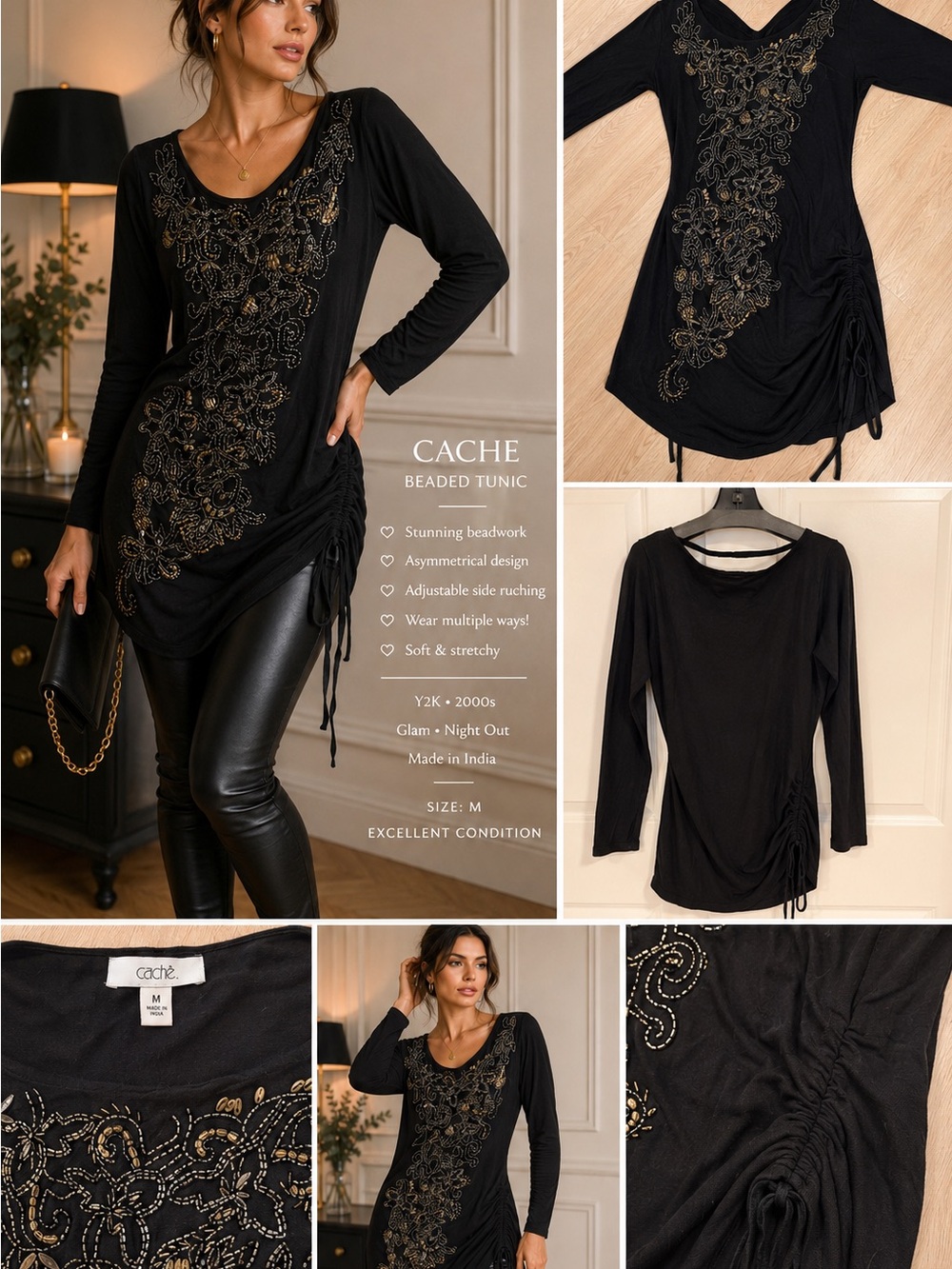 Cache Black Beaded Asymmetrical Ruched Tunic